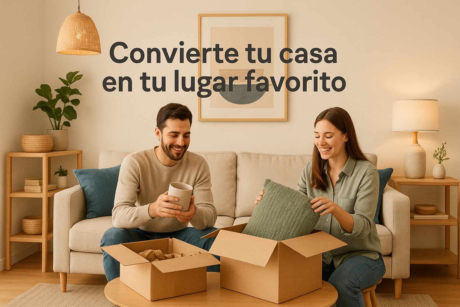 “Banner ecommerce de hogar, sala moderna con muebles estilo escandinavo, tonos neutros con acentos azul y verde, iluminación cálida y minimalista, con personas que esten desempacando productos comprados para el hogar. Texto en español: ‘Convierte tu casa en tu lugar favorito.’ en tipografía amigable y clara.”