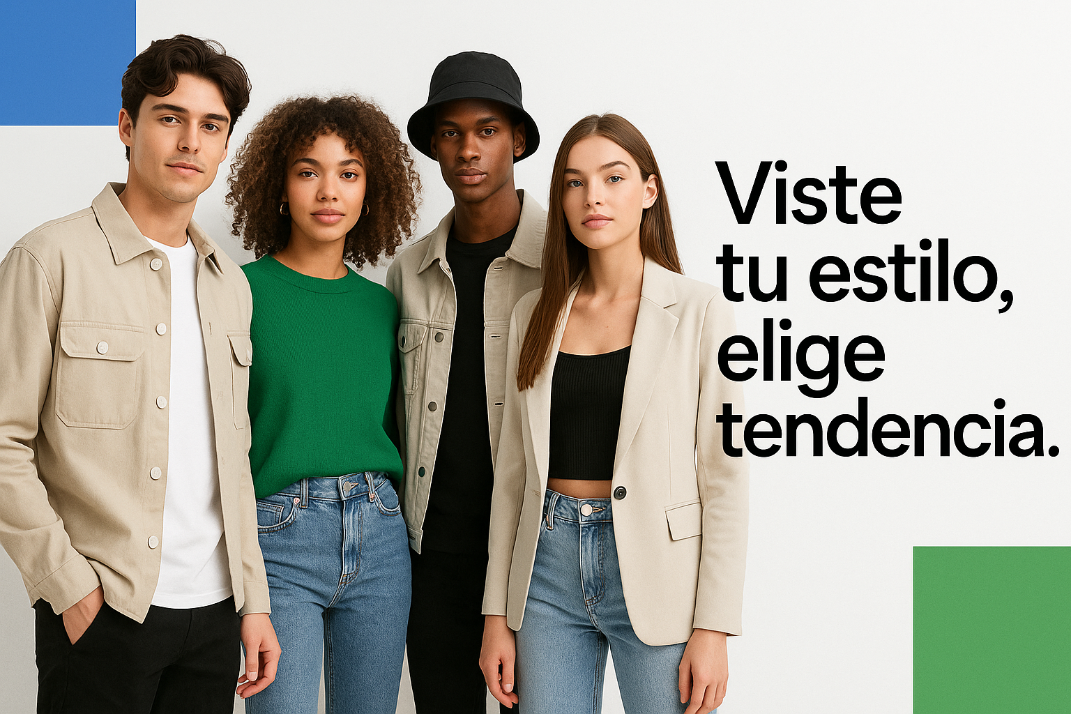 “Banner ecommerce de moda moderna, jóvenes modelos usando ropa en tendencia, fondo minimalista blanco con acentos azul y verde, estilo lifestyle fotográfico limpio. Texto en español: ‘Viste tu estilo, elige tendencia.’ en tipografía moderna clara. las tipografias deben verse y no perderse los coloroes en el estilo”