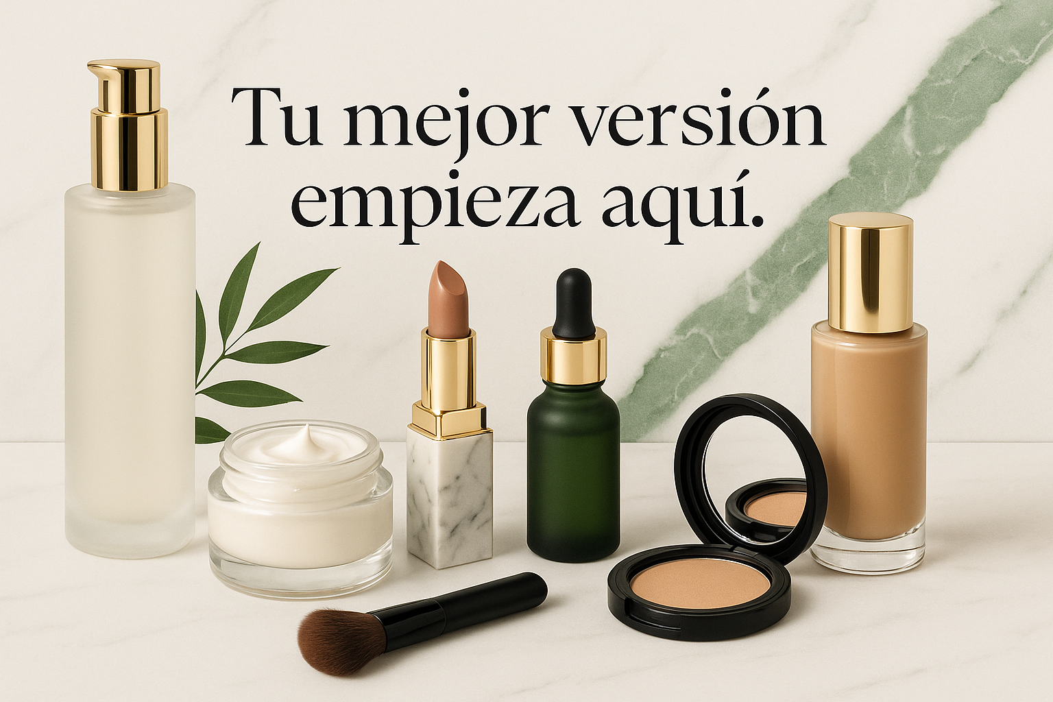 “Banner ecommerce de productos de belleza y cuidado personal, cosméticos de lujo sobre fondo blanco con detalles en mármol y acentos verdes, estilo minimalista elegante. Texto en español: ‘Tu mejor versión empieza aquí.’ en tipografía sofisticada.” las letras tiene que verse y no prerderce con el diseño