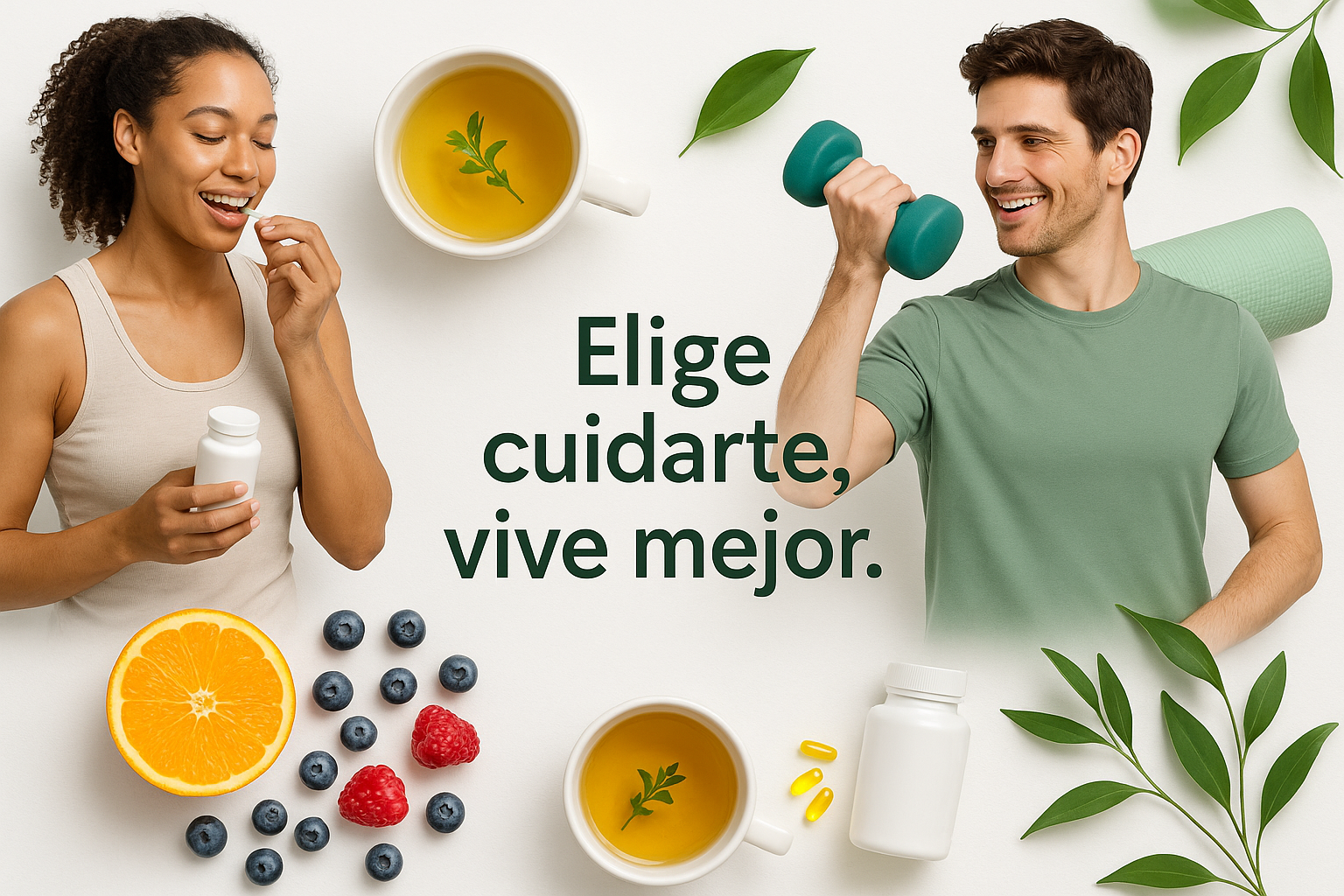 “Banner ecommerce de salud natural, con personas que usen suplementos, tazas de té, frutas frescas y accesorios fitness sobre fondo blanco con toques verdes, estilo limpio y fresco. Texto en español: ‘Elige cuidarte, vive mejor.’ en tipografía clara y moderna.”