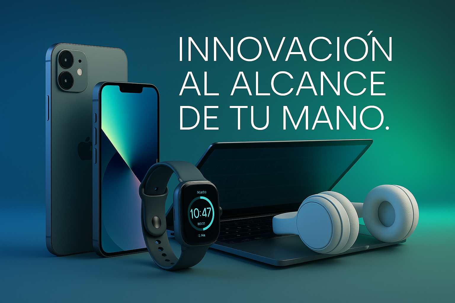 “Banner ecommerce de tecnología, gadgets modernos como smartphone, smartwatch, laptop y auriculares inalámbricos, fondo limpio con efecto futurista en azul y verde. Texto en español: ‘Innovación al alcance de tu mano.’ en tipografía futurista minimalista.”